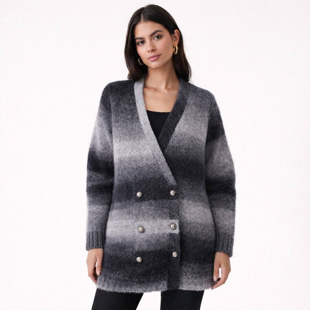 Rubbish Ombre Fuzzy Double Breasted Overzise Cardigan Gray Black Large